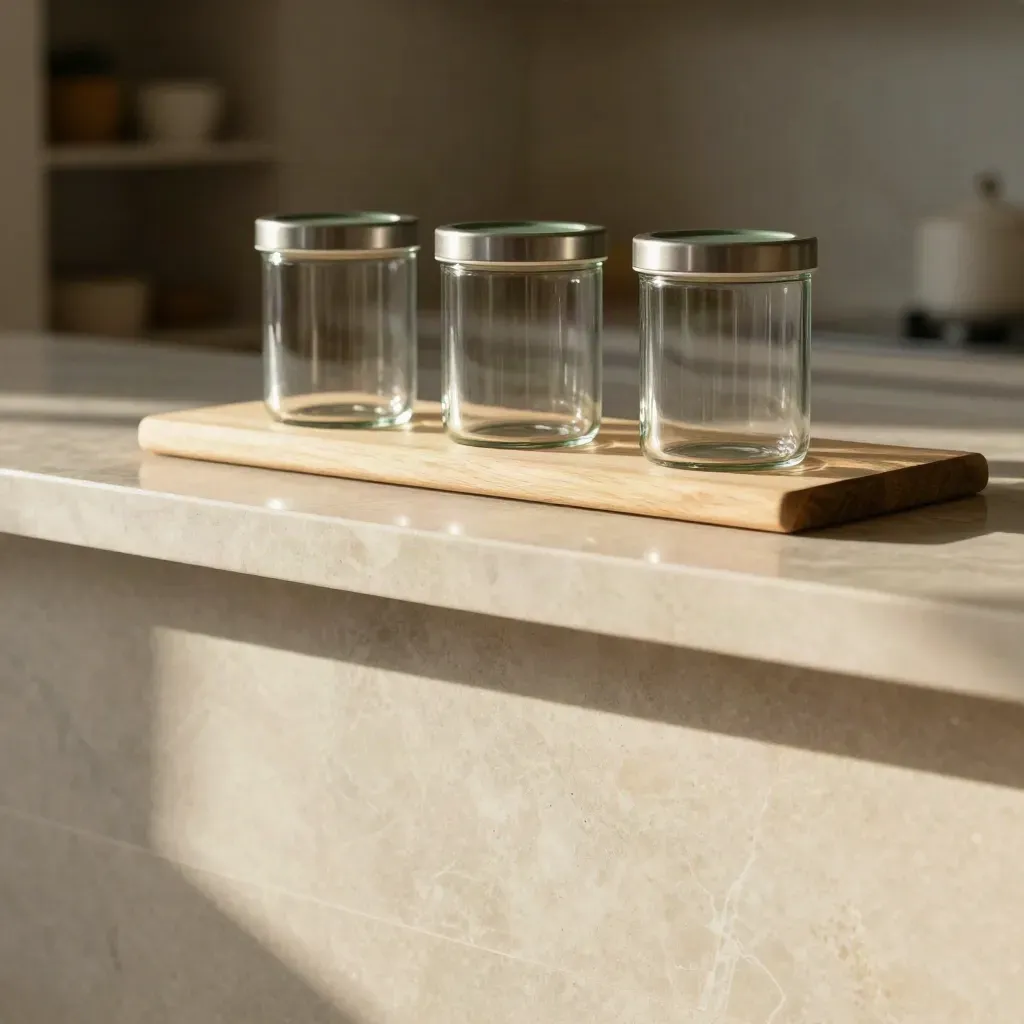 Tall sage-lidded glass canisters on cream marble with calm copy space below.