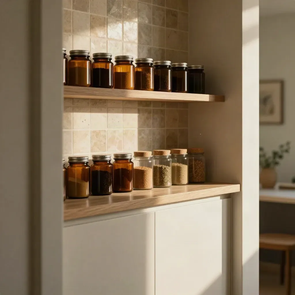 Sunlit pantry niche with amber spice jars on a shelf beside a shadowed doorway