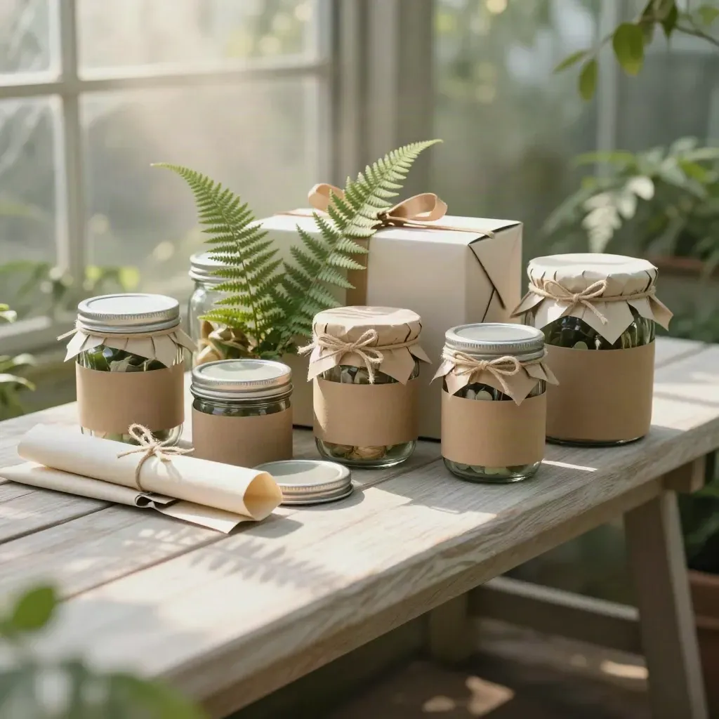 Wrapped jar gift bundles on a greenhouse bench with leaf shadows and haze.
