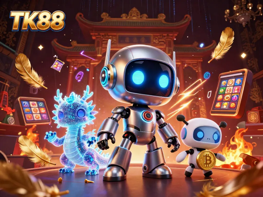 Experience thrilling gaming with TK88's vibrant 3D robot and dragon amidst slot elements and golden coins.
