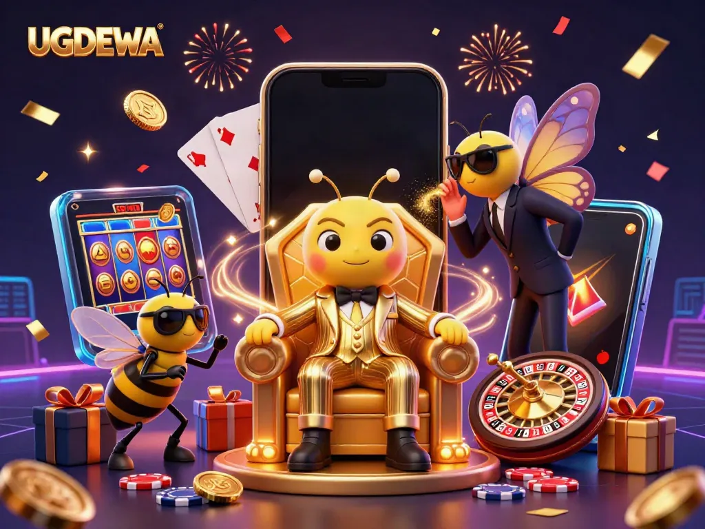 Stunning metaphorical representation of the UGDEWA gambling experience with detailed casino-themed 3D characters and elements.