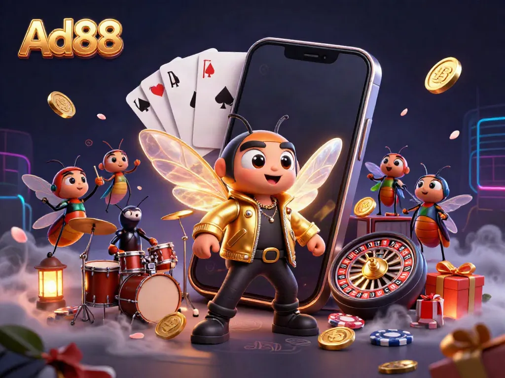 Ad88 features a cicada rock star in a vibrant casino scene amid swirling coins and gaming elements.