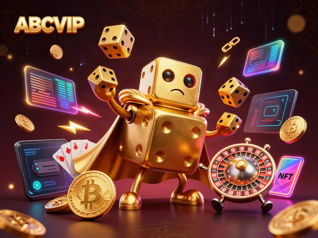 ABCVIP presents an animated scene of a golden dice golem juggling with cryptocurrency elements, highlighting innovative gaming.