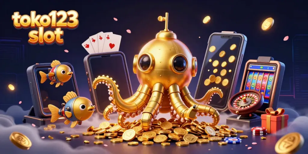 Engage with the action of toko123 slot amidst a dynamic scene of a kraken submarine and slot game elements.