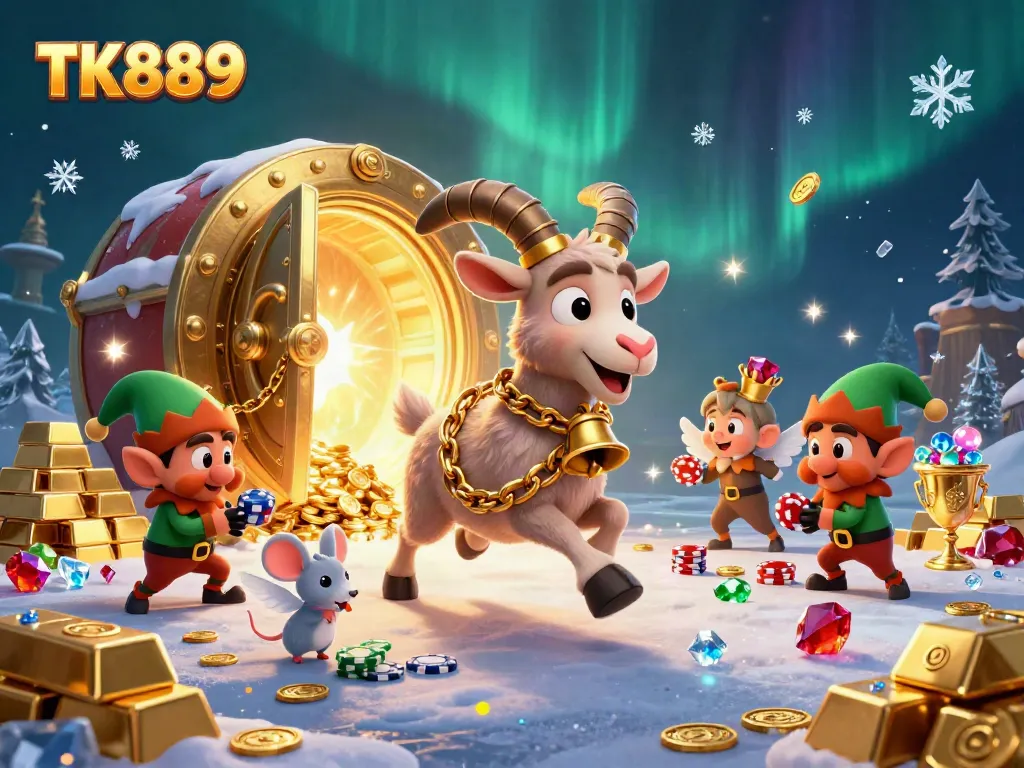 TK889 casino scene showcasing a Krampus goat, an angel mouse, and gremlins in a vibrant, festive setup.