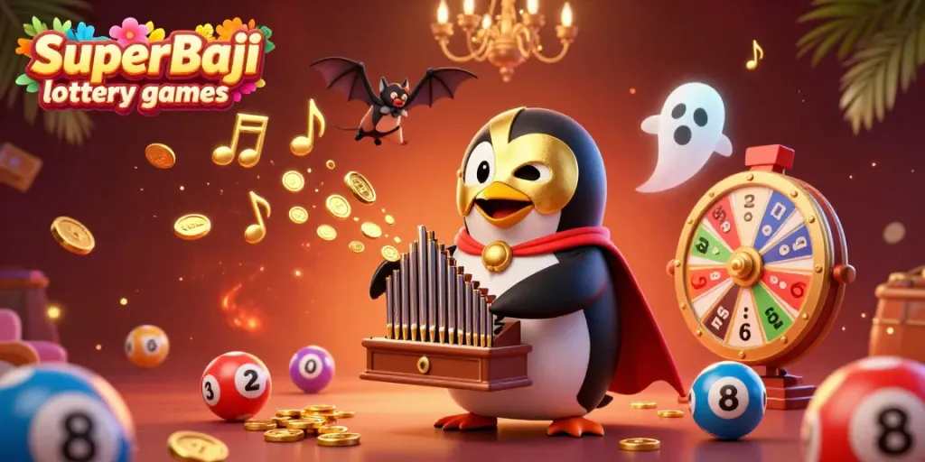 Experience exciting SuperBaji lottery games with vibrant penguin organist and colorful lottery elements.