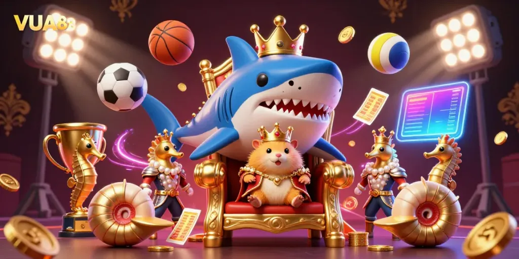 Experience VUA88’s thrilling gaming atmosphere with a vibrant 3D illustration of a golden hamster king ruling a dynamic sports betting scene.