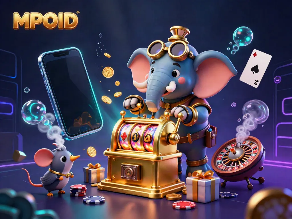 MPOID showcases a vibrant 3D scene with a steampunk elephant operating a golden slot machine amidst colorful game elements.