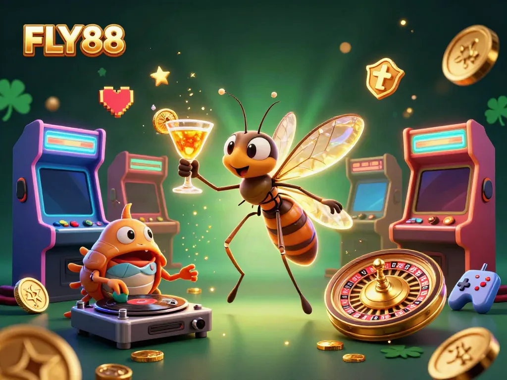 Experience the excitement of FLY88 with a vibrant casino-themed scene featuring colorful characters and gaming elements.
