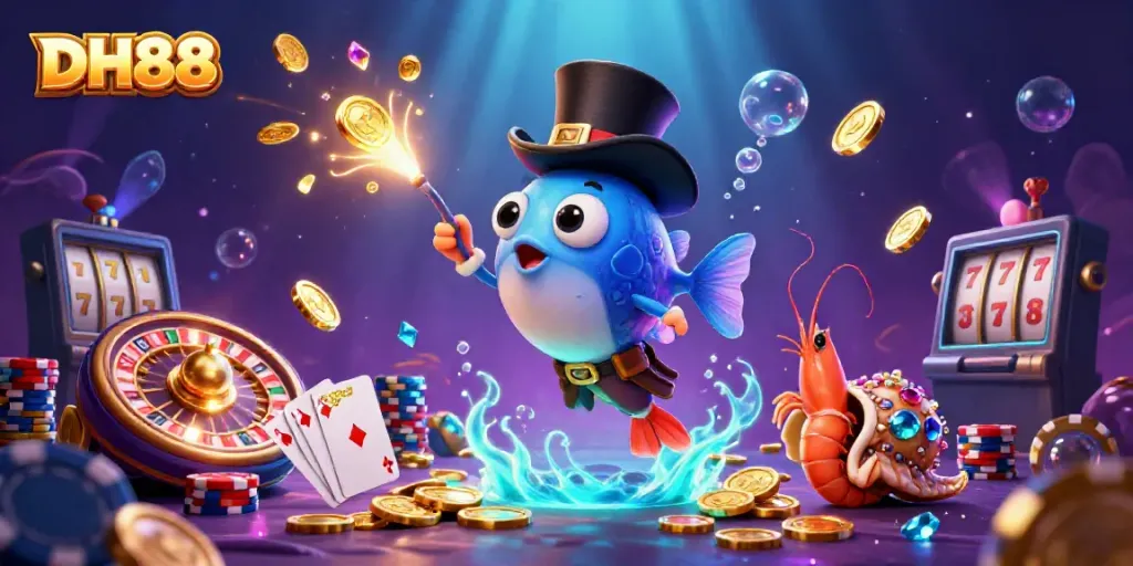 Experience thrilling gameplay with DH88's animated casino characters amid sparkling treasures.