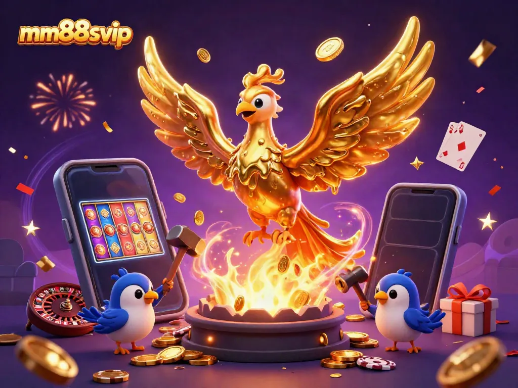Experience the thrill of mm88svip with a dynamic casino-themed scene featuring a molten phoenix and exciting gaming elements.