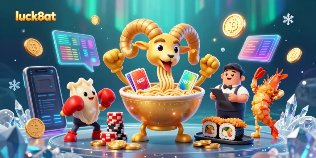 Engage in the excitement of luck8at with vibrant 3D casino characters and crypto elements in a dynamic tableau.