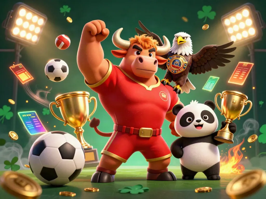 Experience adrenaline-fueled action at LLWIN with a vibrant 3D scene featuring a bull mascot, eagle, and trophy.
