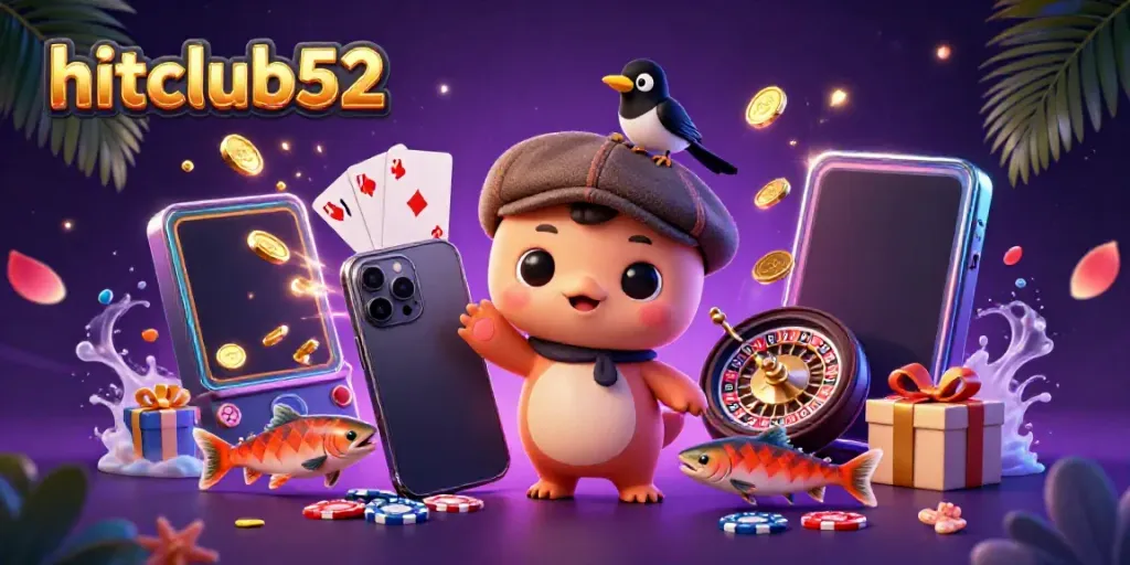 Experience the lively atmosphere of hitclub52 with playful characters and casino-themed game elements.