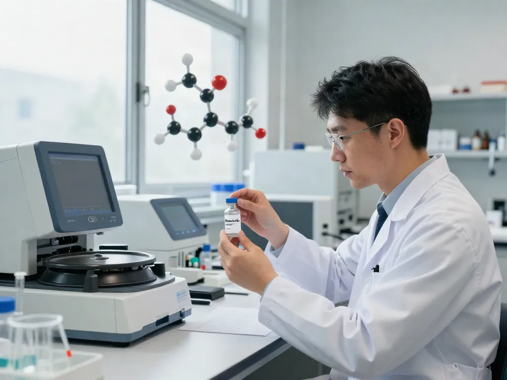 Researcher analyzing swiss chems retatrutide in a high-tech laboratory.