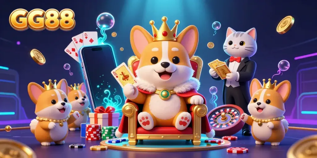 Experience the exciting world of GG88 casino with a royal corgi throne scene filled with vibrant game elements.