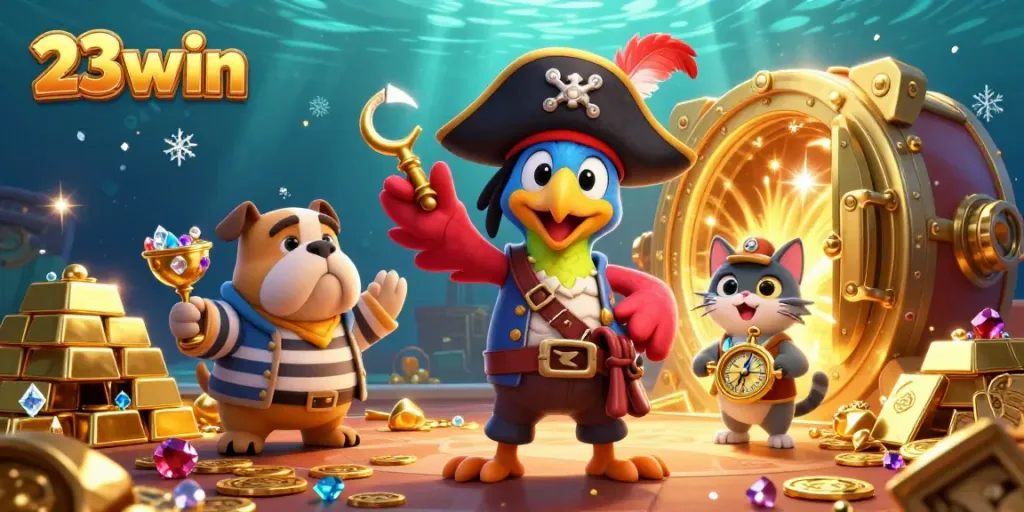 Engage in exciting gambling adventures with 23win at ultra-detailed pirate-themed casino featuring sparkling treasures and vibrant characters.