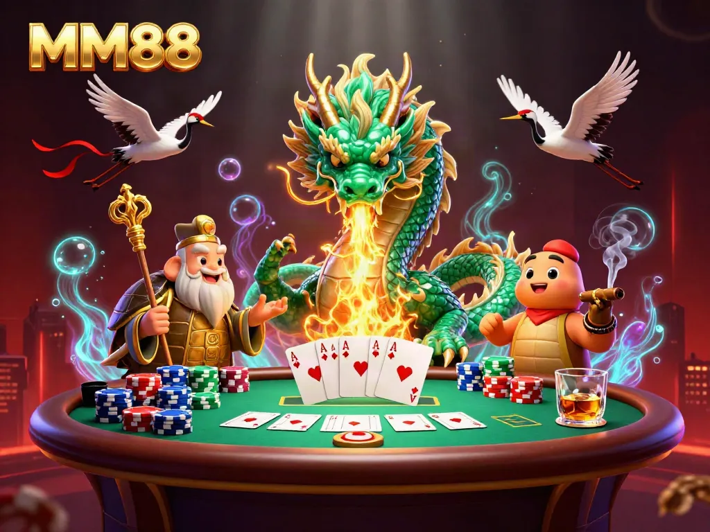 Experience the magic of MM88 with a vibrant casino scene showcasing a jade dragon and poker elements.