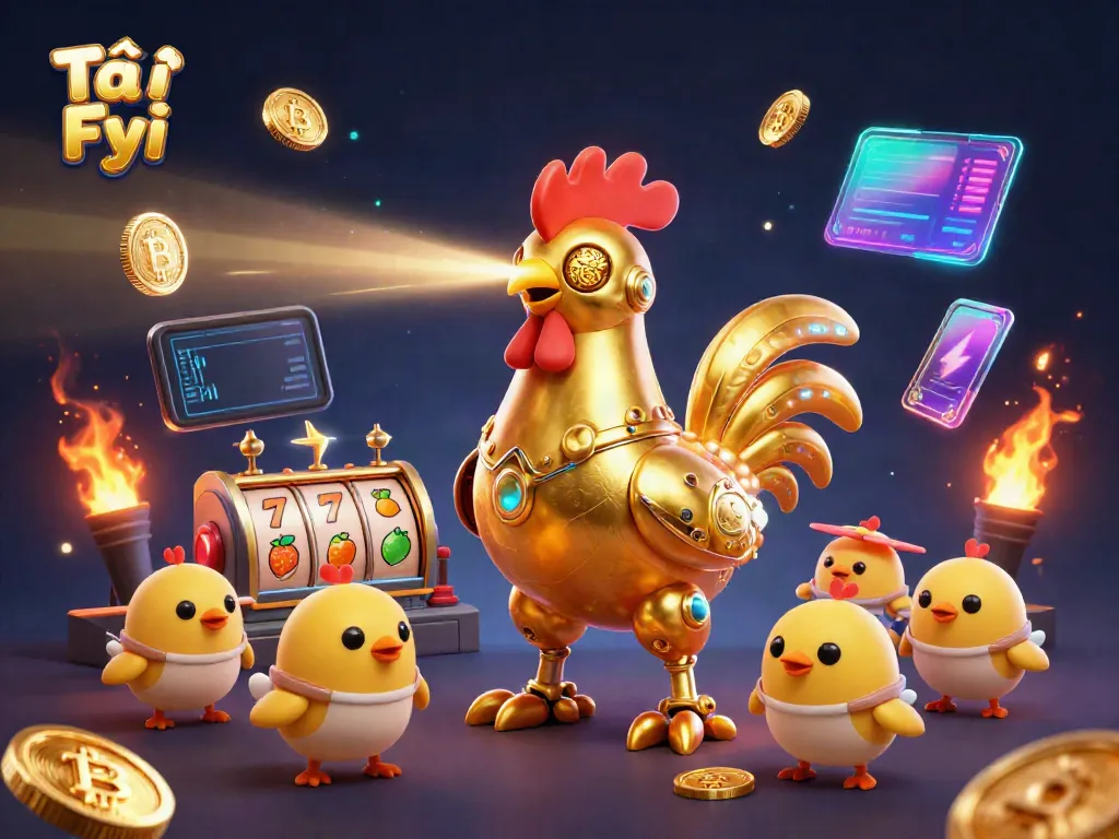Tài Xỉu Fyi: Exciting scene with a golden rooster robot and chicks amidst slot machine symbols and crypto coins