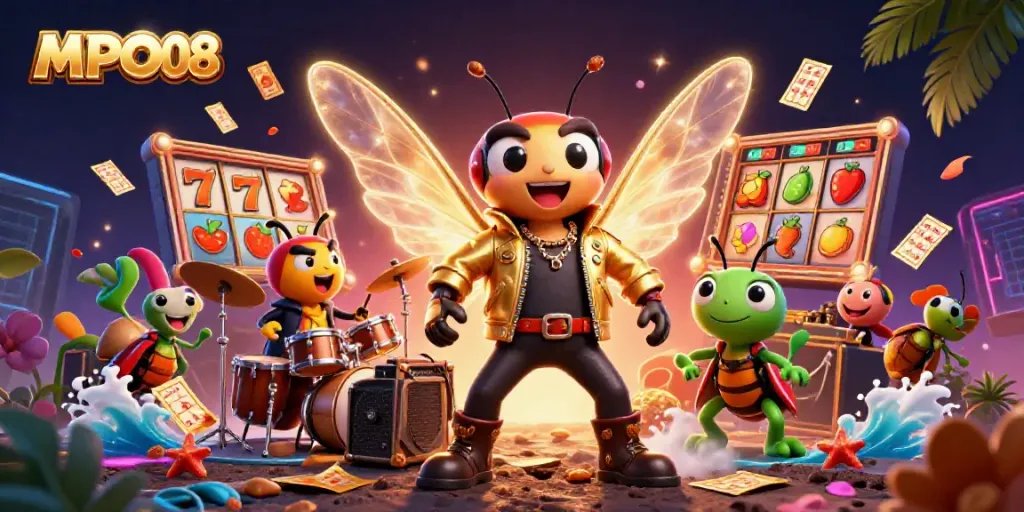 Experience the thrill of gaming with MPO08, featuring a vibrant 3D scene of a cicada rock star with exciting gambling elements.