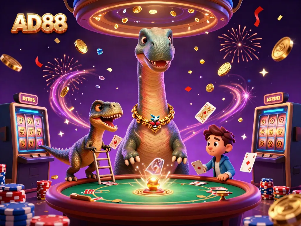 AD88 showcases a dynamic casino scene with a giant brontosaurus and clever raptor dealing cards.
