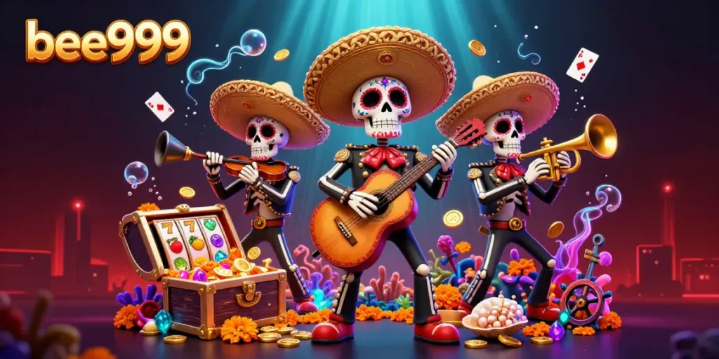Join the lively bee999 mariachi band amidst colorful casino games and vibrant treasure, celebrating dynamic gambling.