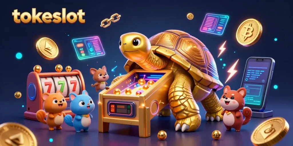 Permainan seru di Tokeslot dengan simbol slot dan jackpot, dikelilingi koin crypto bersinar