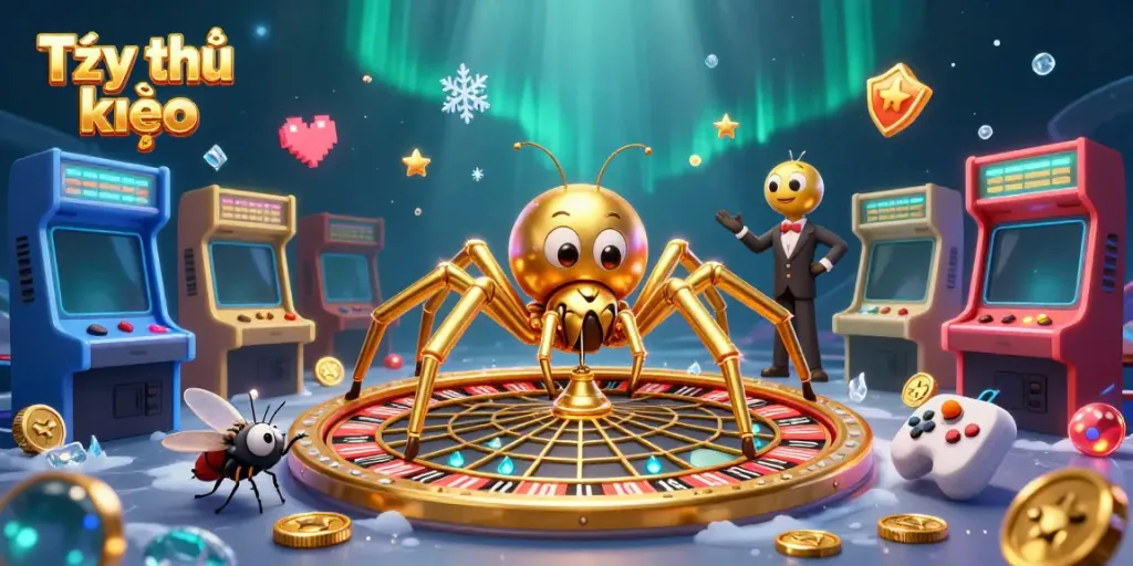 Bet on Tỷ lệ kèo with a spider's roulette web surrounded by energetic gaming elements.