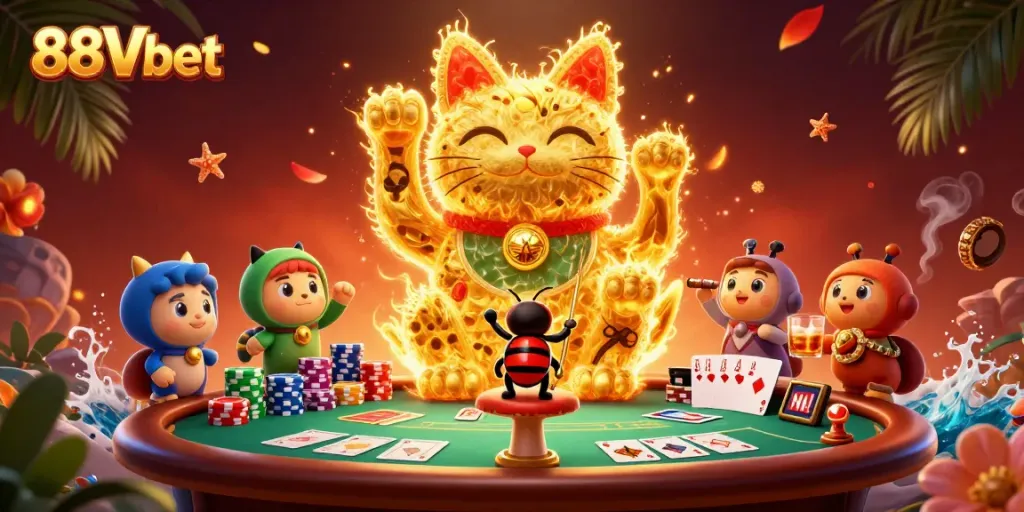 Engage with the vibrant world of 88Vbet, featuring a magical casino scene with a lucky cat and exciting game elements.