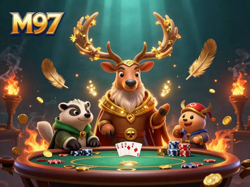 Experience the thrilling M97 poker action with a druid stag and badger amidst vibrant gambling elements.