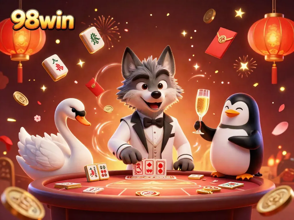Join the 98win baccarat action with a stylish wolf, elegant swan, and sophisticated penguin presenting champagne.