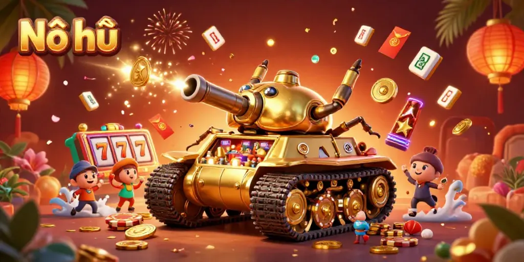 Engage in Nổ hũ excitement with a dynamic scene showing a golden beetle casino tank amidst fortune-themed elements.