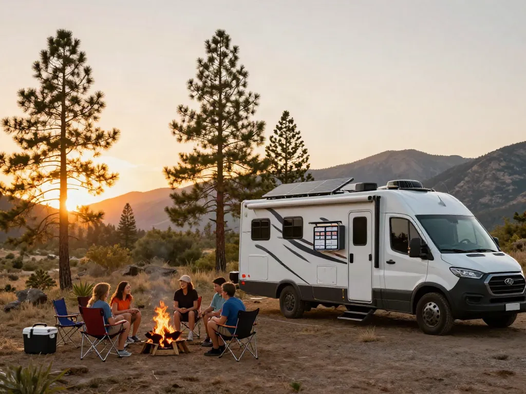 Lithium RV battery powering an outdoor family camping setup with sunset backdrop.