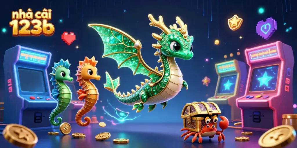 Engage with the action at nhà cái 123b showcased through vibrant 3D casino elements and a majestic sea dragon.