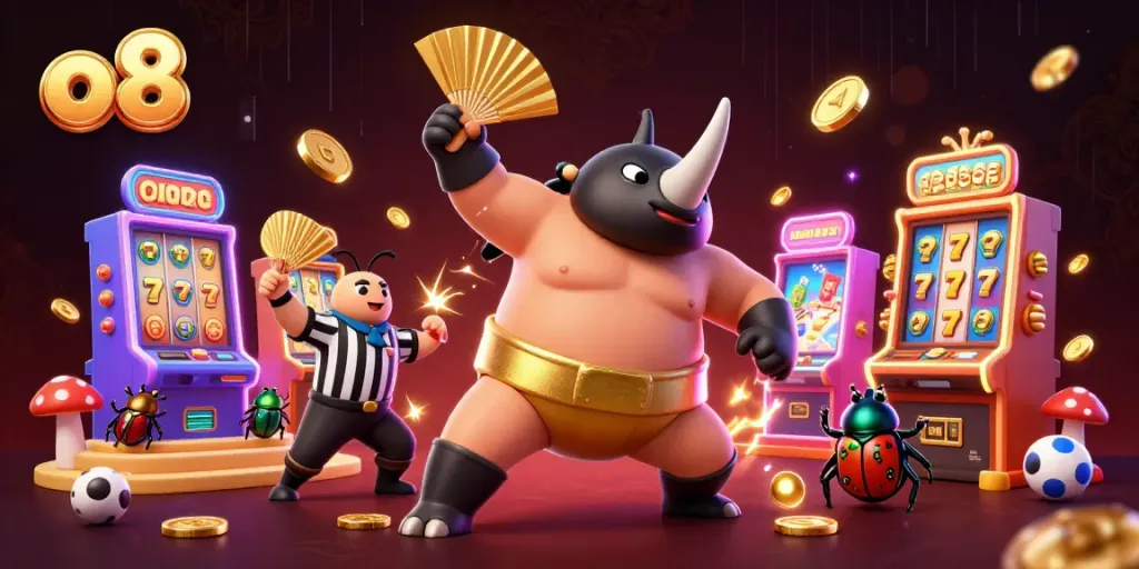 Watch the o8 champion beetle sending coins flying as fans cheer and slot machines spin.