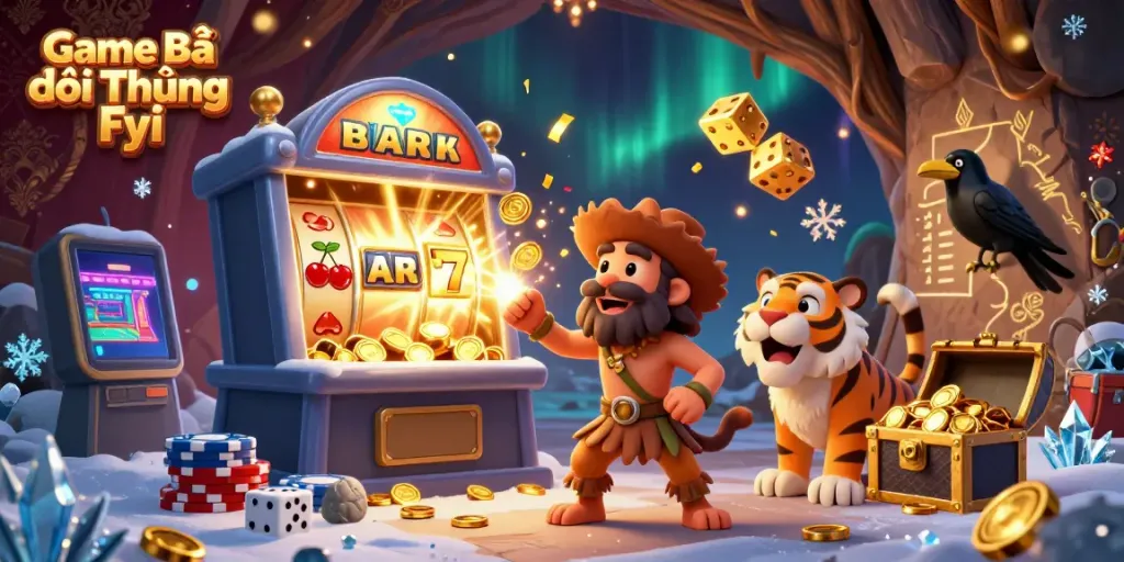 Engage with Game Bài Đổi Thưởng Fyi in this dynamic casino scene featuring a prehistoric theme with vibrant gaming elements.