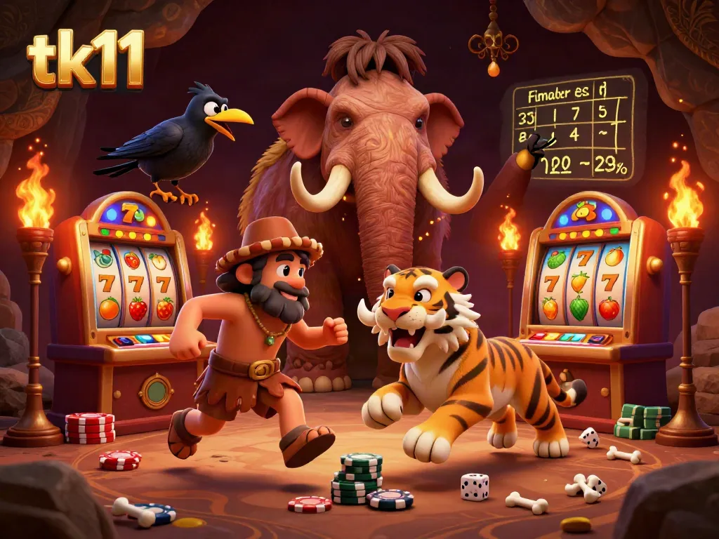 Experience the excitement of tk11 at a prehistoric casino with vibrant slots and animated characters.
