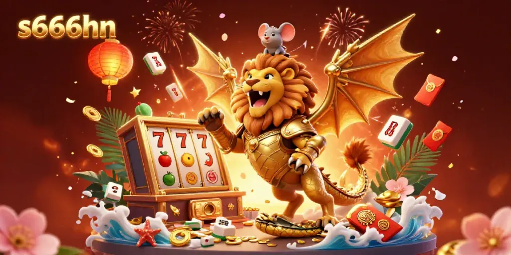 S666hn players enjoying a dynamic casino atmosphere with exciting slot machine elements and a prominent chimera figure.