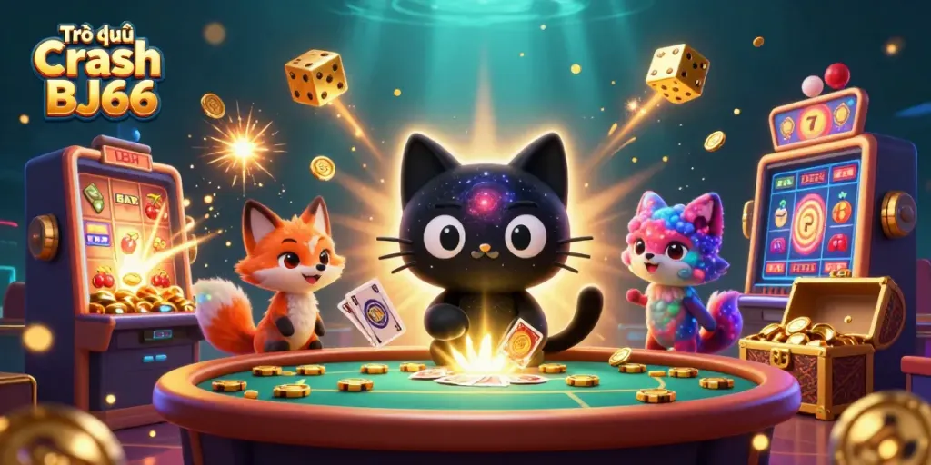 Trò chơi Crash BJ66 mang đến trải nghiệm thú vị với một chú mèo đen lỗ đen tại bàn casino.