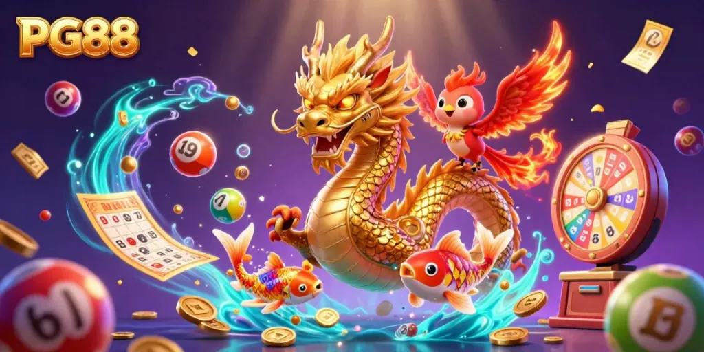 Engage with PG88's thrilling casino world, featuring a dragon, phoenix, and koi fish amidst vibrant gaming elements.