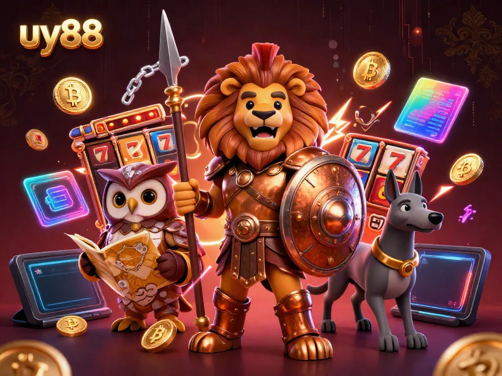 Experience thrilling gaming at uy88 with 3D cartoon Spartan lion, tactical owl, and greyhound in a vibrant casino setting.