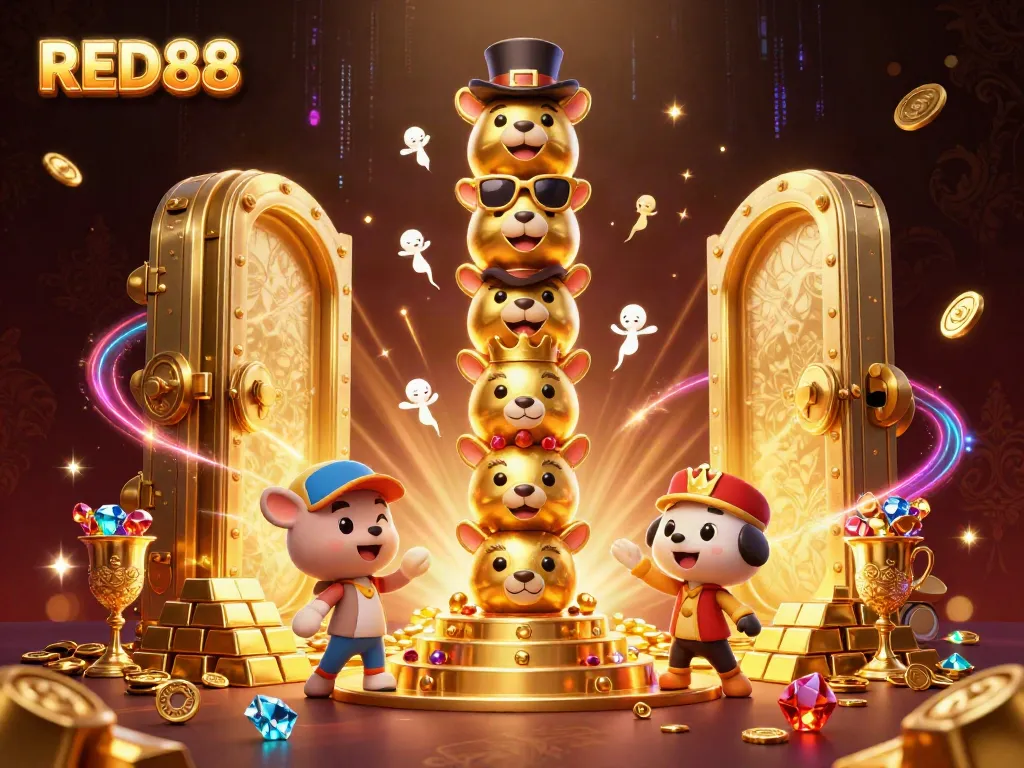 Experience the excitement of RED88 with a vibrant 3D illustration showcasing a dynamic casino theme.