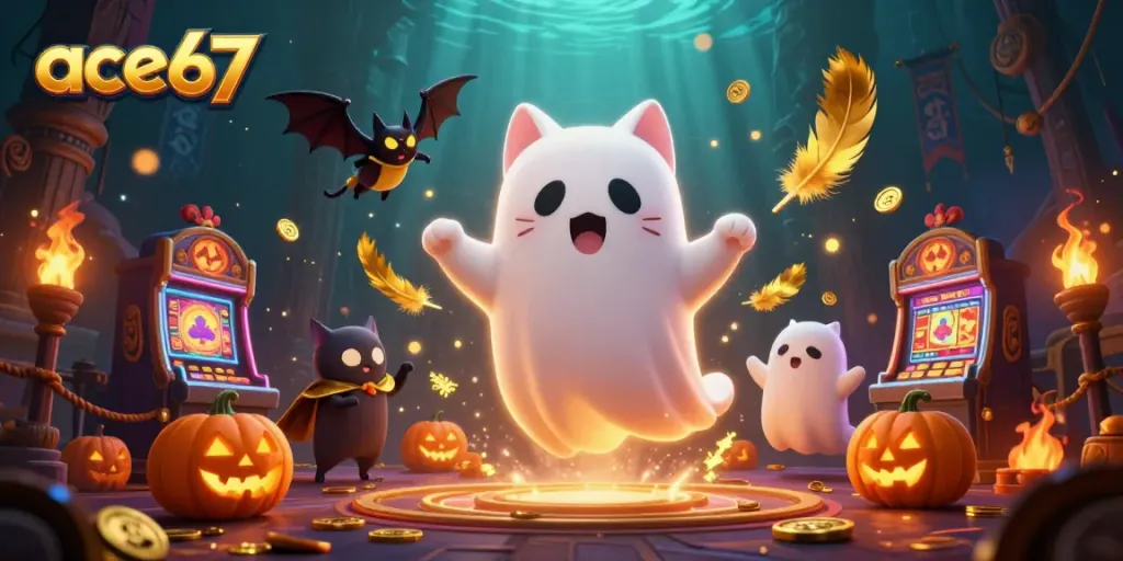 Experience the thrill of ace67 with a ghost cat in a haunted casino, vibrant and spooky.