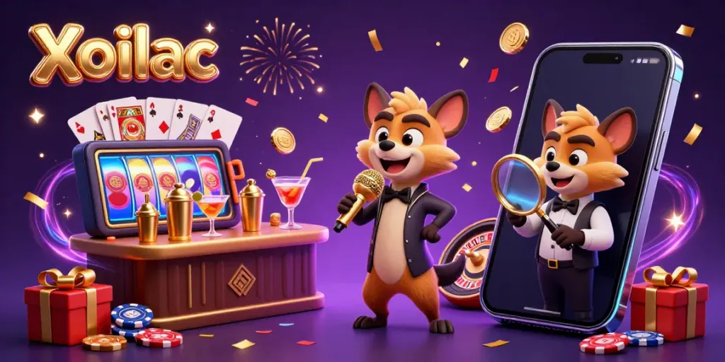 Xoilac offers an energetic comedy casino experience with hyenas performing and casino games surrounding them.