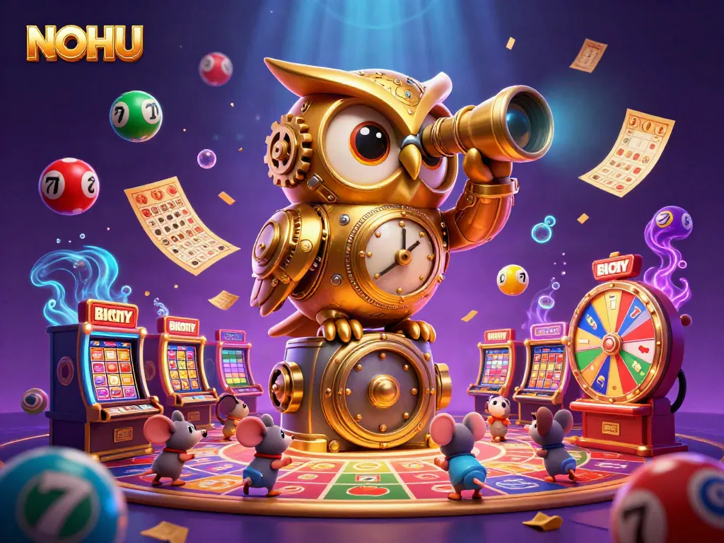 Experience the vibrant casino floor with NOHU, featuring an enchanting golden owl and energetic playful mice among colorful lottery elements.