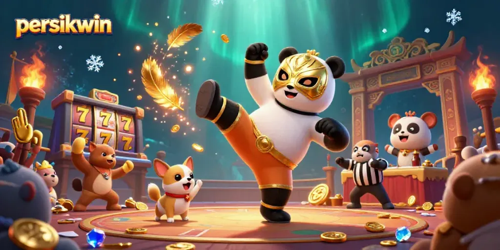 ilustrasi 3D persikwin menampilkan panda pegulat melakukan tendangan terbang.
