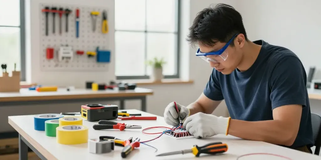 Electrician demonstrating electrical wiring with Super33 tape in a workshop.