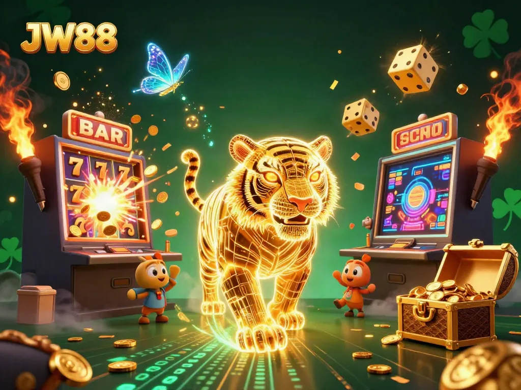 Experience the excitement of JW88 with vibrant neon casino scenes packed with dynamic game elements.