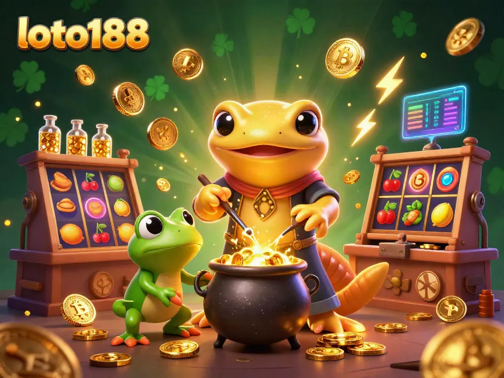 Experience the thrilling excitement of loto188 with a golden salamander alchemist, slot symbols, and dazzling gold coins.