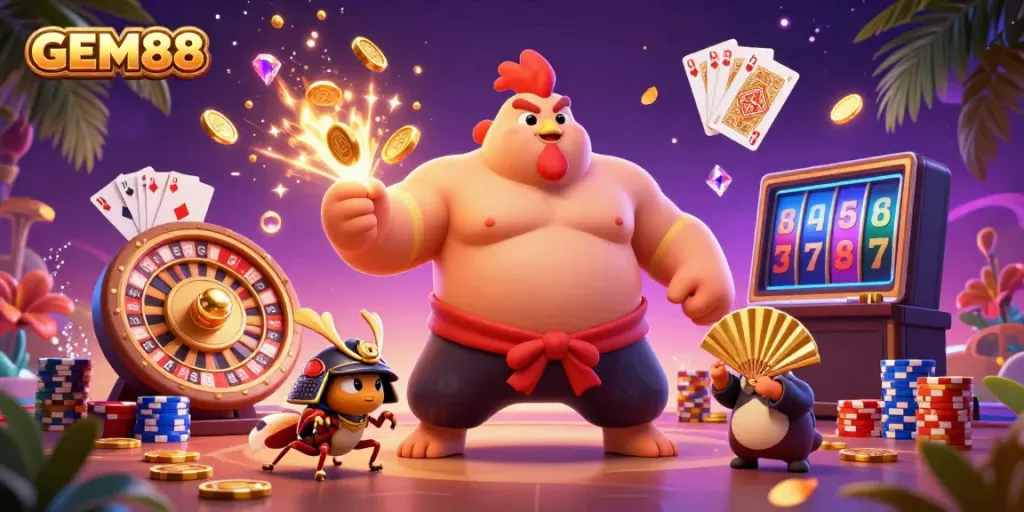 Join GEM88 for an exhilarating casino experience with vibrant characters and dynamic gaming elements in a rich atmosphere.